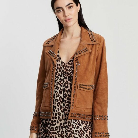 MINISTRY OF STYLE Grain Leather Suede Tan Jett Studded Jacket RRP$689 - Picture 4 of 12